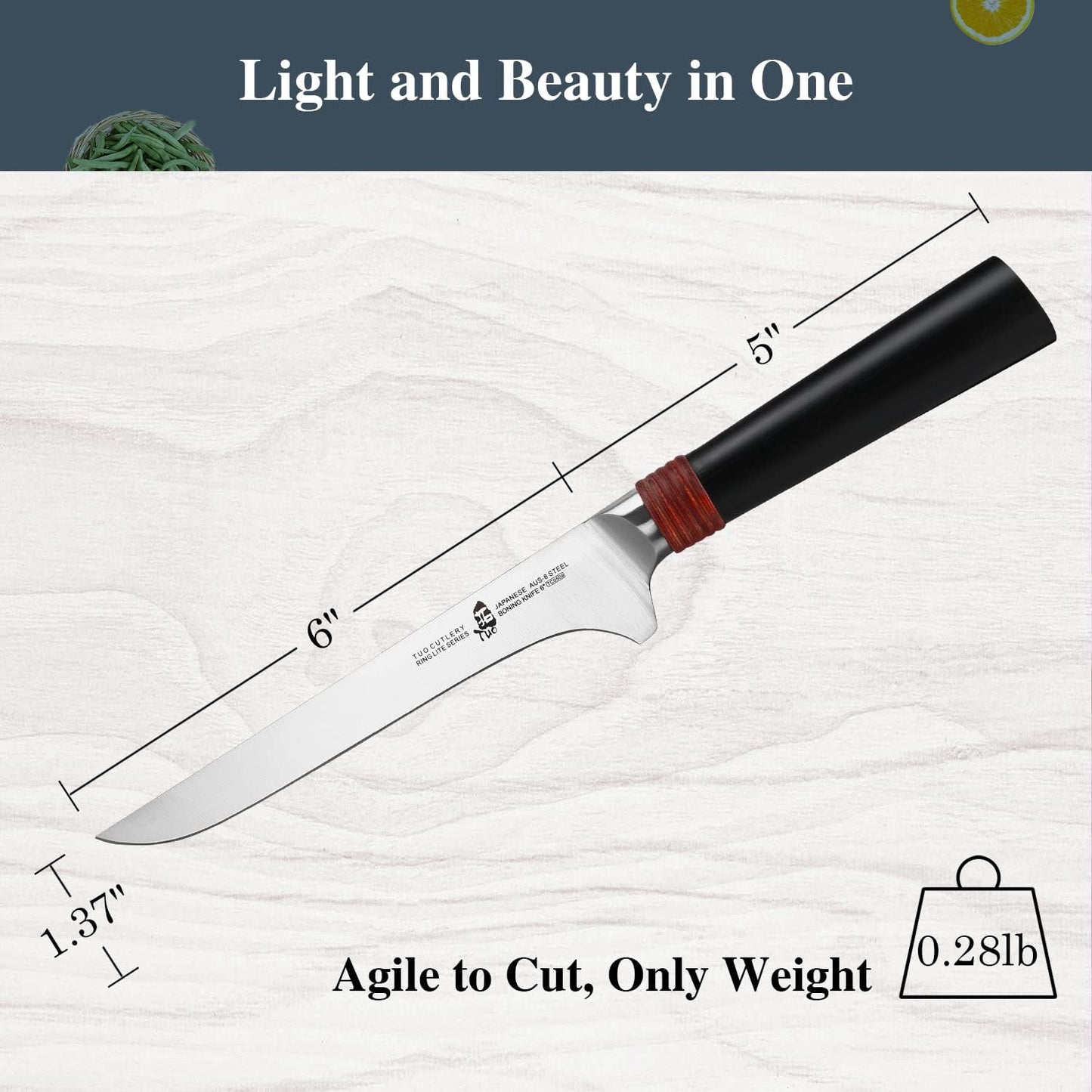Boning Chef Knife 6 inch Fillet Knife Flexible Kitchen Knife for Fish Chicken and Poultry Cooking Knives, AUS-8 Stainless Steel with Ergonomic Handle Gift Box, Ring Lite Series