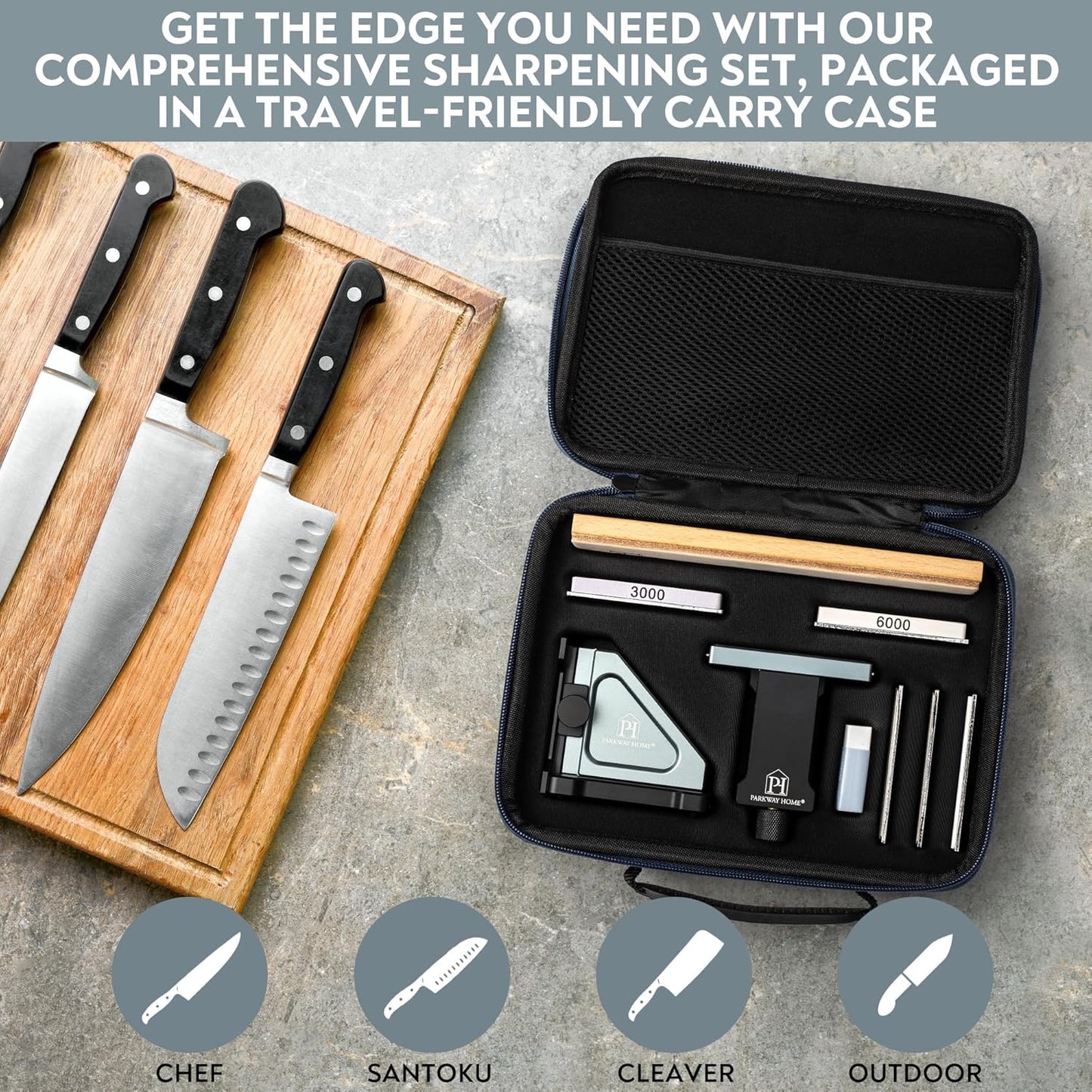 PATENTED ORIGINAL ADJUSTABLE ROLLING KNIFE SHARPENER KIT: Adjustable Height, 30 Angle Options, 5 Removeable Whetstone Plates, Leather Strop with Travel Case - Kitchen Knife Sharpener
