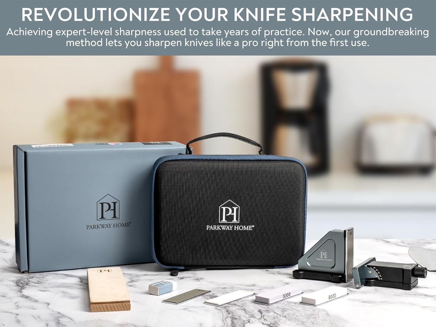 PATENTED ORIGINAL ADJUSTABLE ROLLING KNIFE SHARPENER KIT: Adjustable Height, 30 Angle Options, 5 Removeable Whetstone Plates, Leather Strop with Travel Case - Kitchen Knife Sharpener