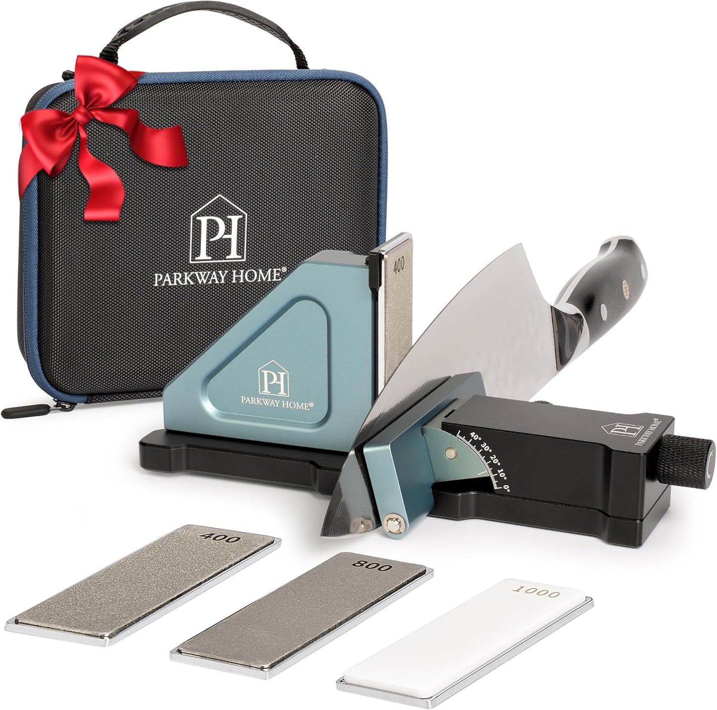 PATENTED ORIGINAL ADJUSTABLE ROLLING KNIFE SHARPENER KIT: Adjustable Height, 30 Angle Options, 5 Removeable Whetstone Plates, Leather Strop with Travel Case - Kitchen Knife Sharpener