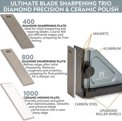 PATENTED ORIGINAL ADJUSTABLE ROLLING KNIFE SHARPENER KIT: Adjustable Height, 30 Angle Options, 5 Removeable Whetstone Plates, Leather Strop with Travel Case - Kitchen Knife Sharpener