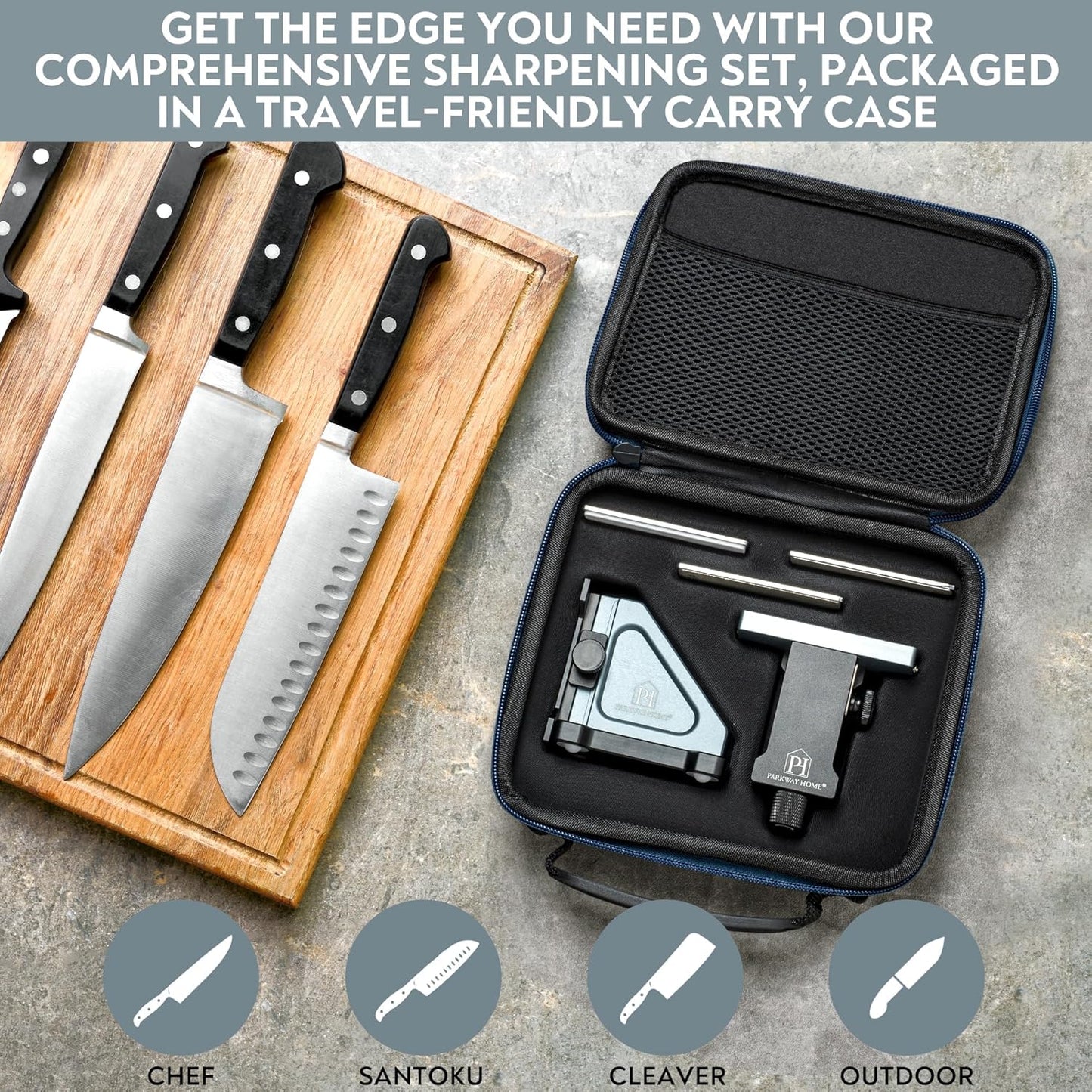PATENTED ORIGINAL ADJUSTABLE ROLLING KNIFE SHARPENER KIT: Adjustable Height, 30 Angle Options, 5 Removeable Whetstone Plates, Leather Strop with Travel Case - Kitchen Knife Sharpener