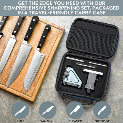 PATENTED ORIGINAL ADJUSTABLE ROLLING KNIFE SHARPENER KIT: Adjustable Height, 30 Angle Options, 5 Removeable Whetstone Plates, Leather Strop with Travel Case - Kitchen Knife Sharpener
