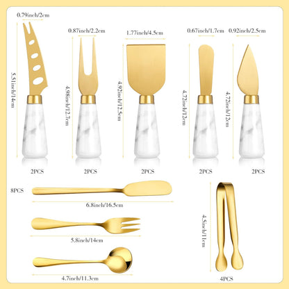 38 Pieces Gold Cheese Knife Set Marble Handle Butter Spatula Knives Cheese Spreader Cutter Cheese Shaver and Fork with Mini Serving Tongs Spoons and Fruit Forks for Charcuterie Board Accessories
