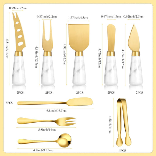 38 Pieces Gold Cheese Knife Set Marble Handle Butter Spatula Knives Cheese Spreader Cutter Cheese Shaver and Fork with Mini Serving Tongs Spoons and Fruit Forks for Charcuterie Board Accessories