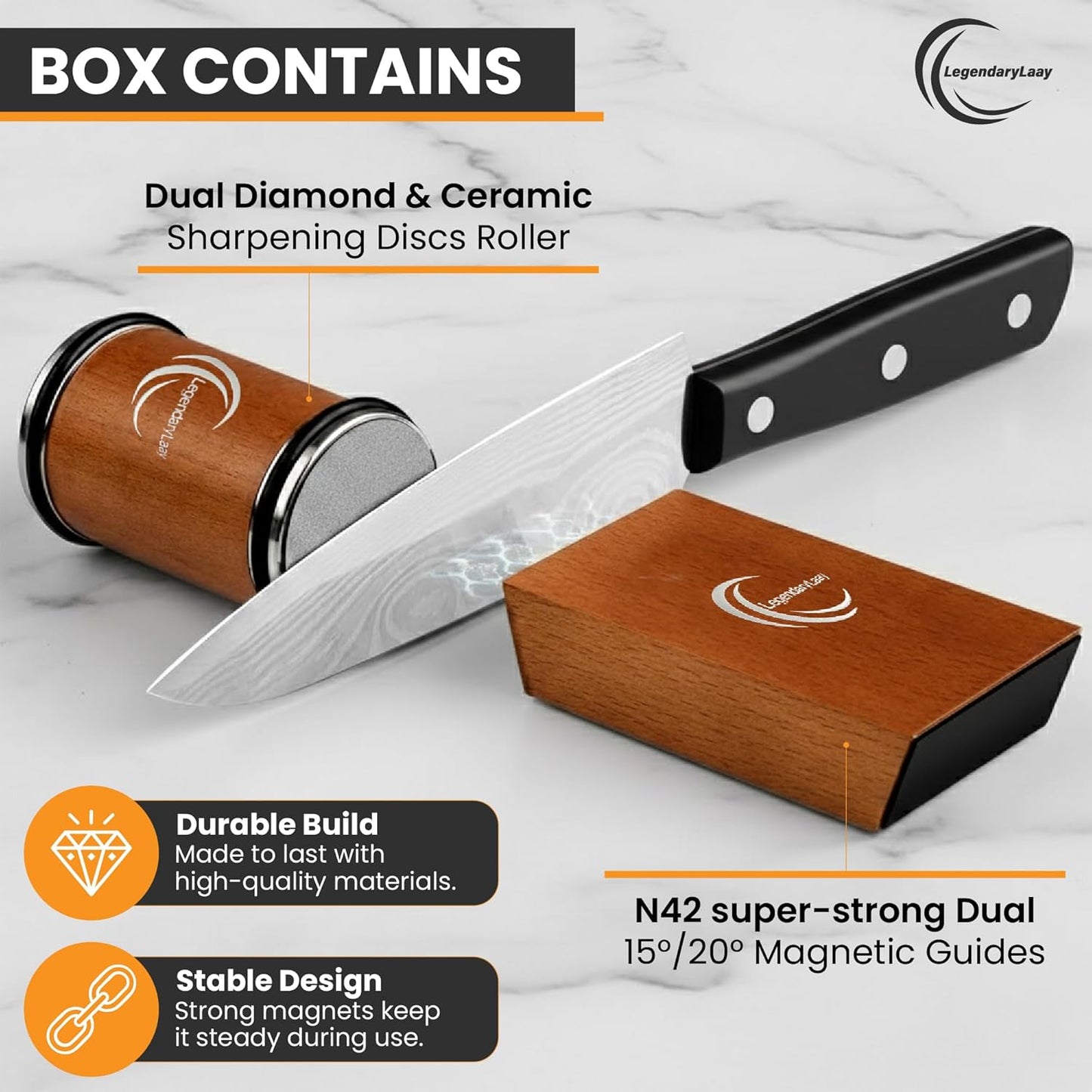 Rolling Knife Sharpener System Diamond & Ceramic Edge Honer for All Steel Types, Kitchen Blade Sharpening Tool with Dual 15/20 Magnetic Guides