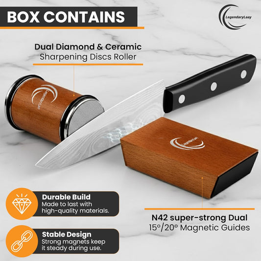 Rolling Knife Sharpener System Diamond & Ceramic Edge Honer for All Steel Types, Kitchen Blade Sharpening Tool with Dual 15/20 Magnetic Guides