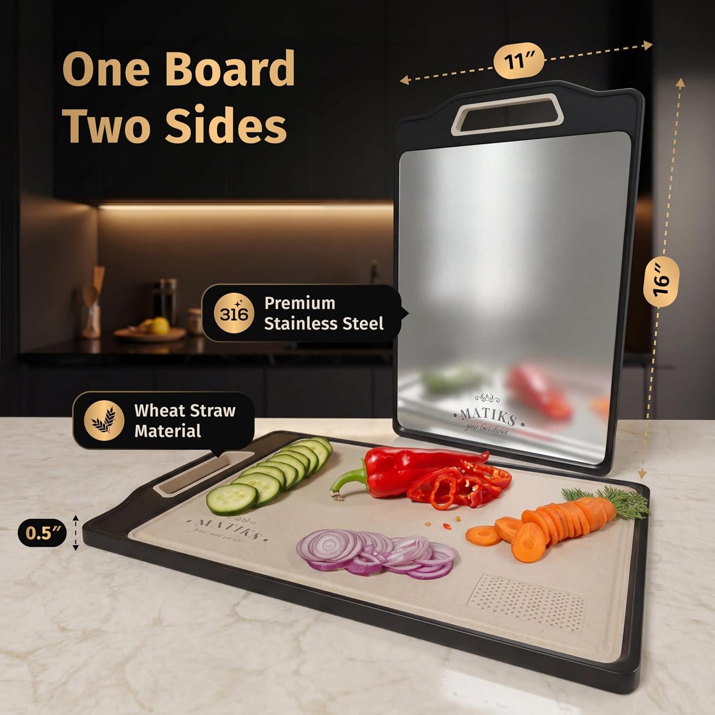 316 Stainless Steel Cutting Board Set Double Sided, Dishwasher Safe - 11th Wedding Anniversary Steel Gift - Housewarming Gifts New Home Kitchen - First Home Cooking Gift for Men, Women, Couples