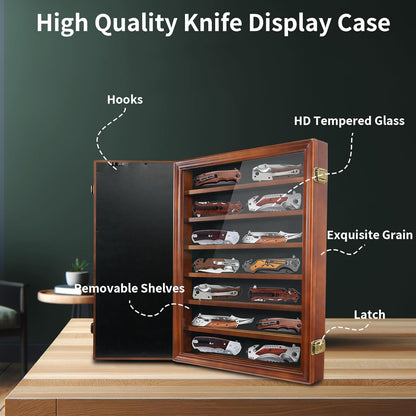Knife Display Case for Collections, Pocket Knife Display Case with HD Tempered Glass, Lockable Storage Cases with Removable Shelves, Wall-Mounted 7-Layer Wood Cabinet, Walnut