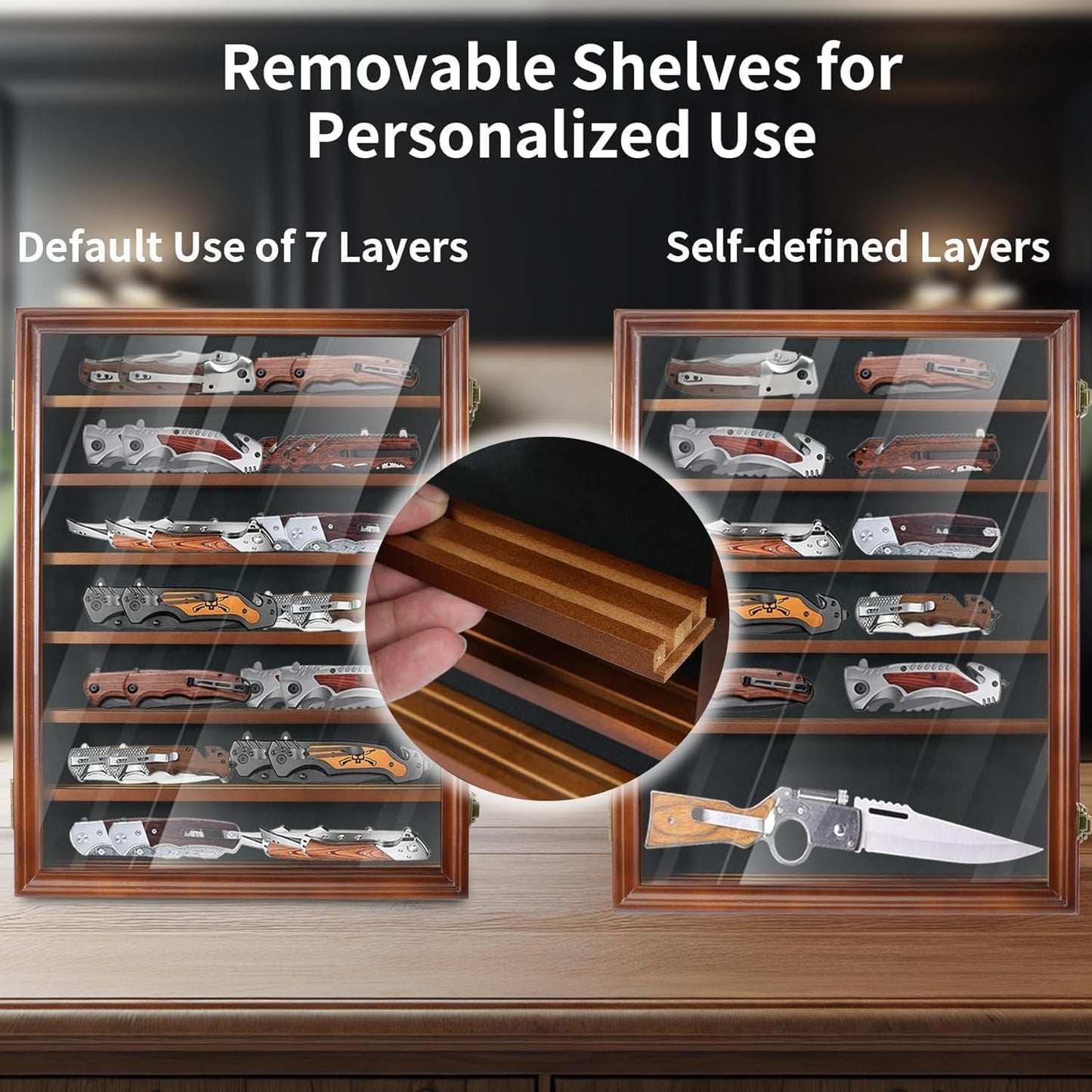 Knife Display Case for Collections, Pocket Knife Display Case with HD Tempered Glass, Lockable Storage Cases with Removable Shelves, Wall-Mounted 7-Layer Wood Cabinet, Walnut