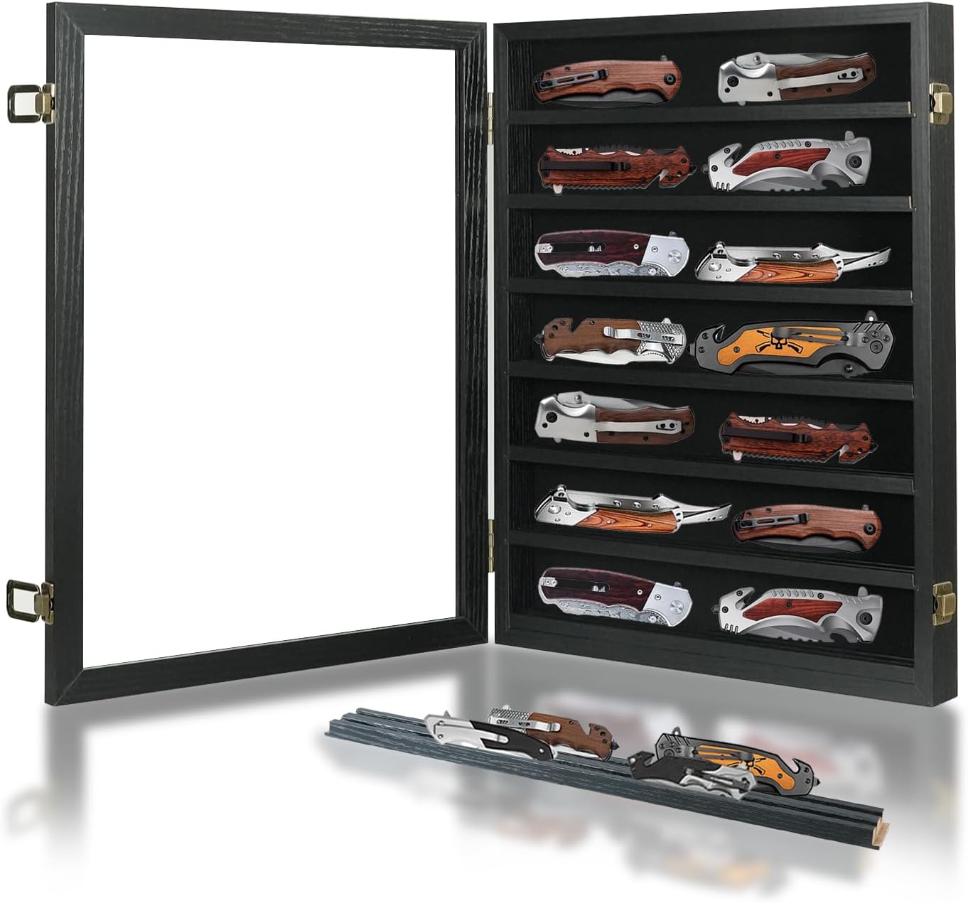 Knife Display Case for Collections, Pocket Knife Display Case with HD Tempered Glass, Lockable Storage Cases with Removable Shelves, Wall-Mounted 7-Layer Wood Cabinet, Walnut
