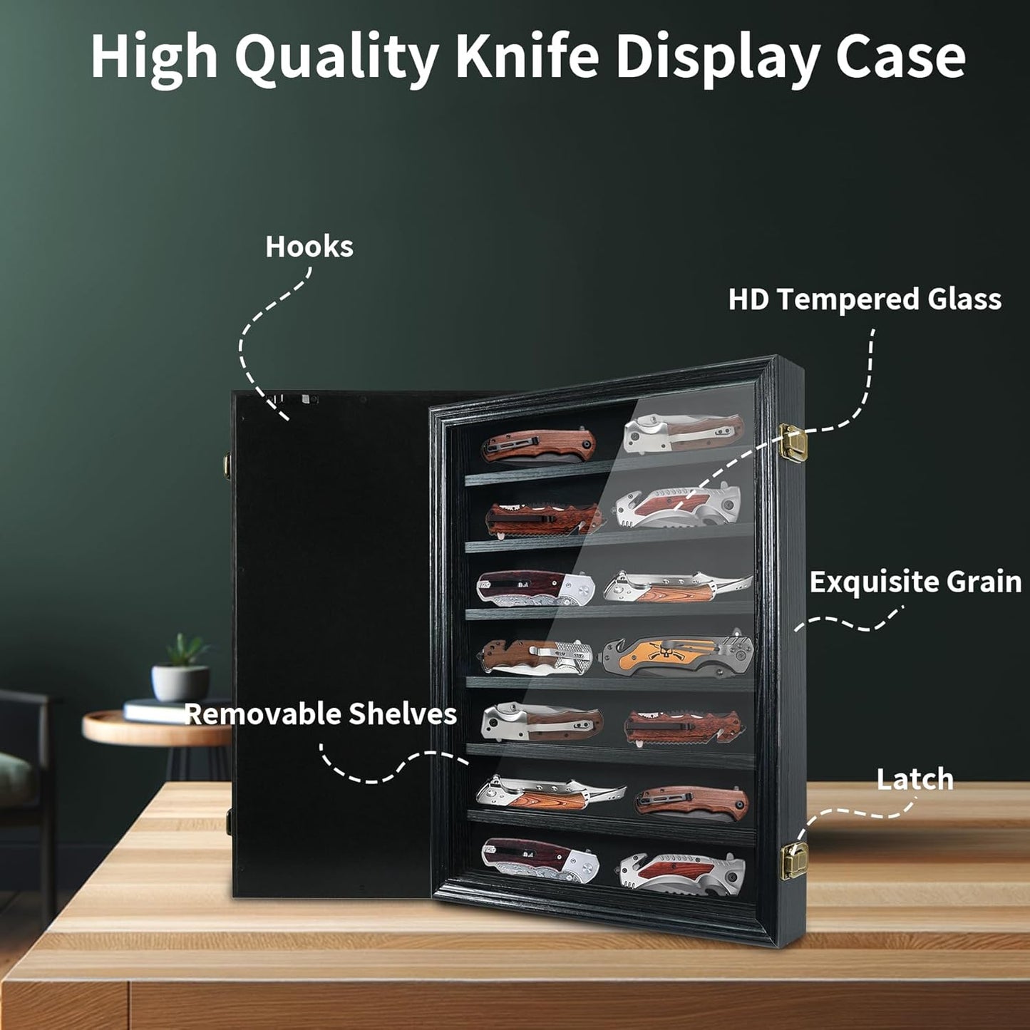 Knife Display Case for Collections, Pocket Knife Display Case with HD Tempered Glass, Lockable Storage Cases with Removable Shelves, Wall-Mounted 7-Layer Wood Cabinet, Walnut