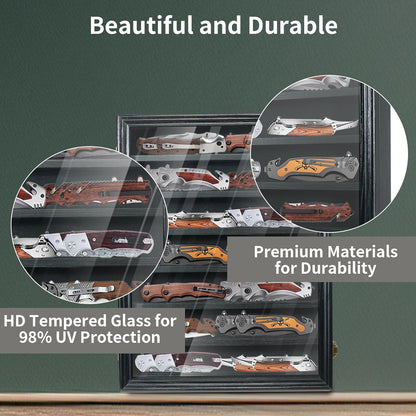 Knife Display Case for Collections, Pocket Knife Display Case with HD Tempered Glass, Lockable Storage Cases with Removable Shelves, Wall-Mounted 7-Layer Wood Cabinet, Walnut