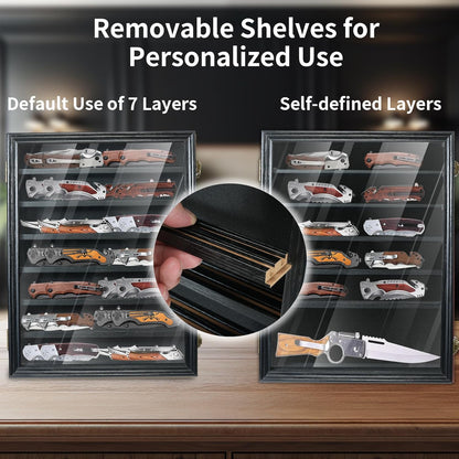Knife Display Case for Collections, Pocket Knife Display Case with HD Tempered Glass, Lockable Storage Cases with Removable Shelves, Wall-Mounted 7-Layer Wood Cabinet, Walnut