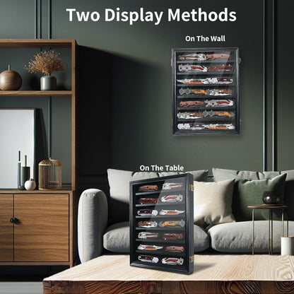 Knife Display Case for Collections, Pocket Knife Display Case with HD Tempered Glass, Lockable Storage Cases with Removable Shelves, Wall-Mounted 7-Layer Wood Cabinet, Walnut