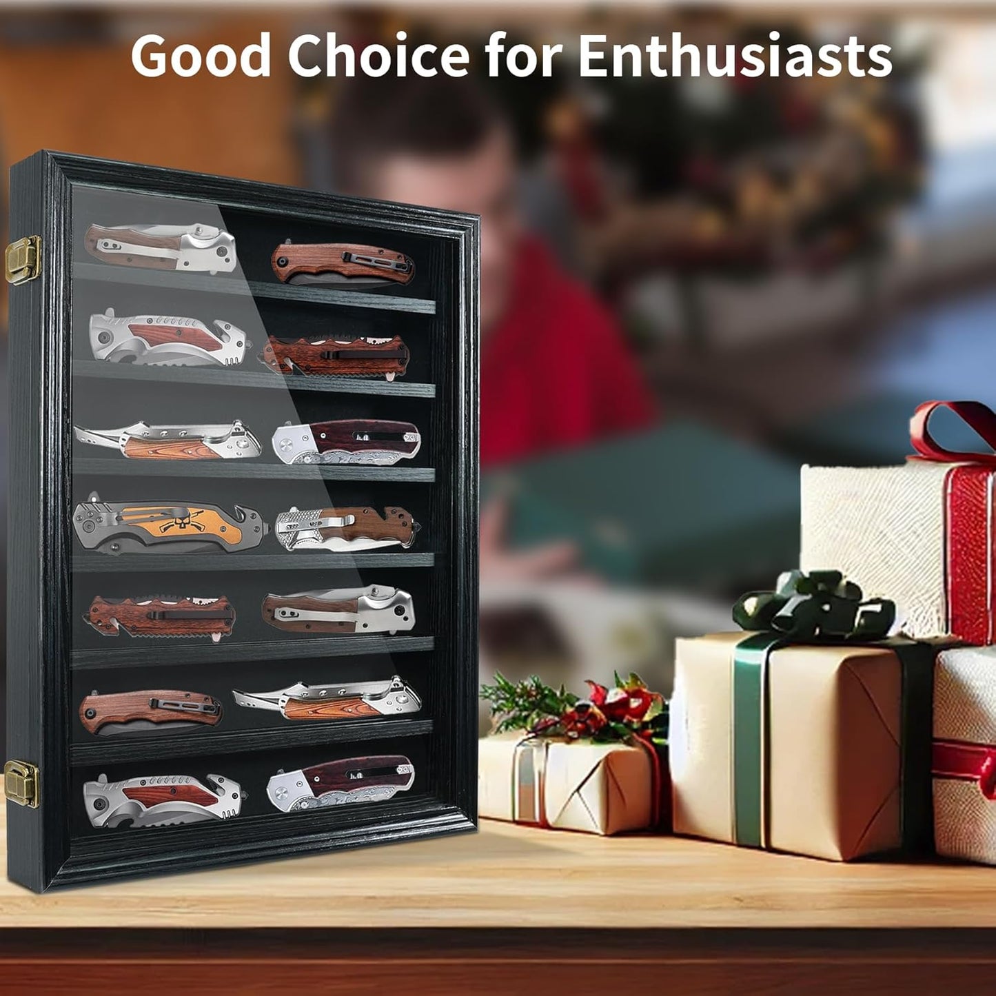 Knife Display Case for Collections, Pocket Knife Display Case with HD Tempered Glass, Lockable Storage Cases with Removable Shelves, Wall-Mounted 7-Layer Wood Cabinet, Walnut