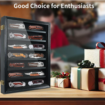 Knife Display Case for Collections, Pocket Knife Display Case with HD Tempered Glass, Lockable Storage Cases with Removable Shelves, Wall-Mounted 7-Layer Wood Cabinet, Walnut