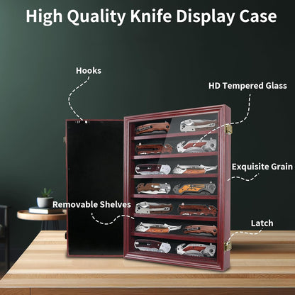 Knife Display Case for Collections, Pocket Knife Display Case with HD Tempered Glass, Lockable Storage Cases with Removable Shelves, Wall-Mounted 7-Layer Wood Cabinet, Walnut