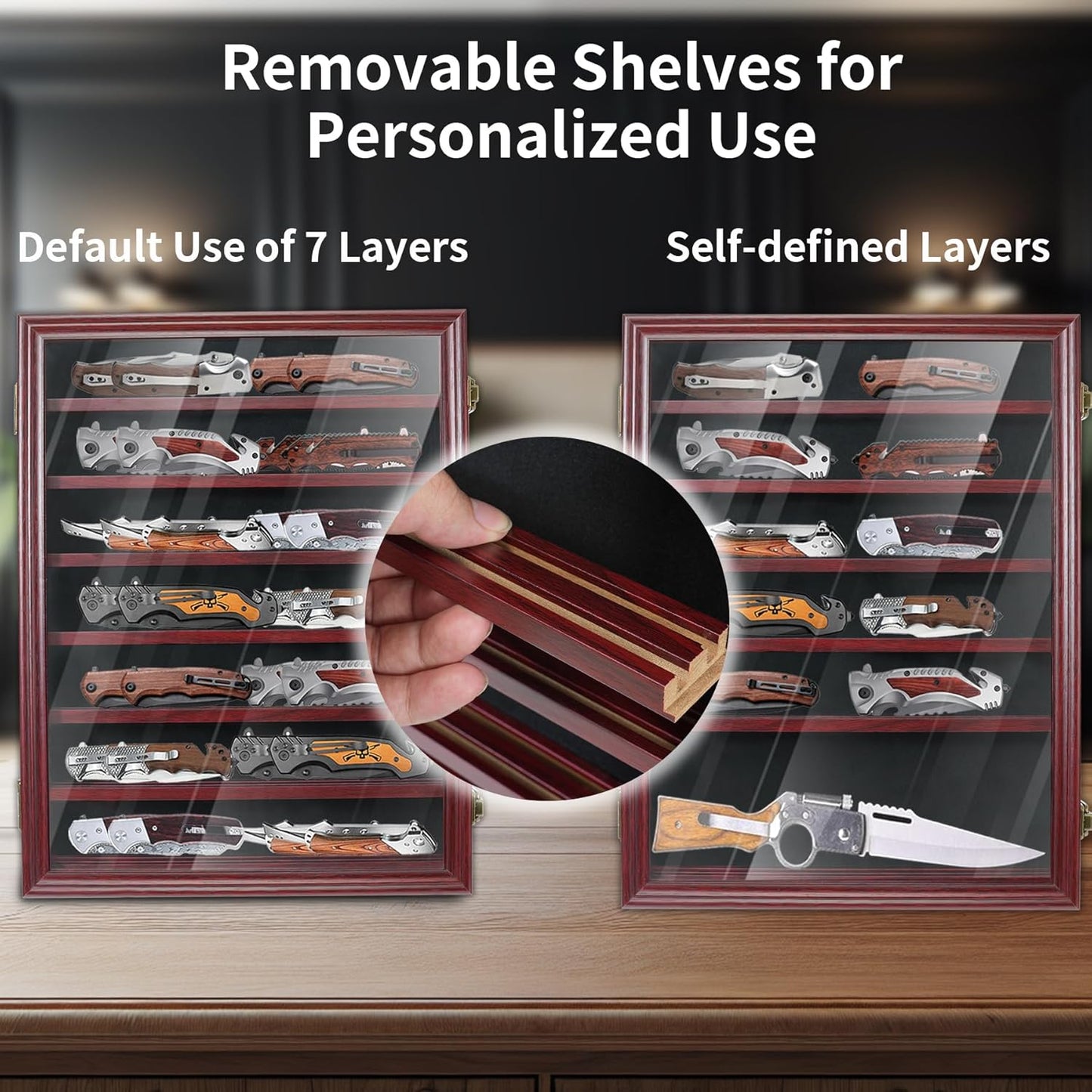 Knife Display Case for Collections, Pocket Knife Display Case with HD Tempered Glass, Lockable Storage Cases with Removable Shelves, Wall-Mounted 7-Layer Wood Cabinet, Walnut