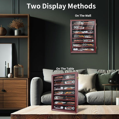 Knife Display Case for Collections, Pocket Knife Display Case with HD Tempered Glass, Lockable Storage Cases with Removable Shelves, Wall-Mounted 7-Layer Wood Cabinet, Walnut