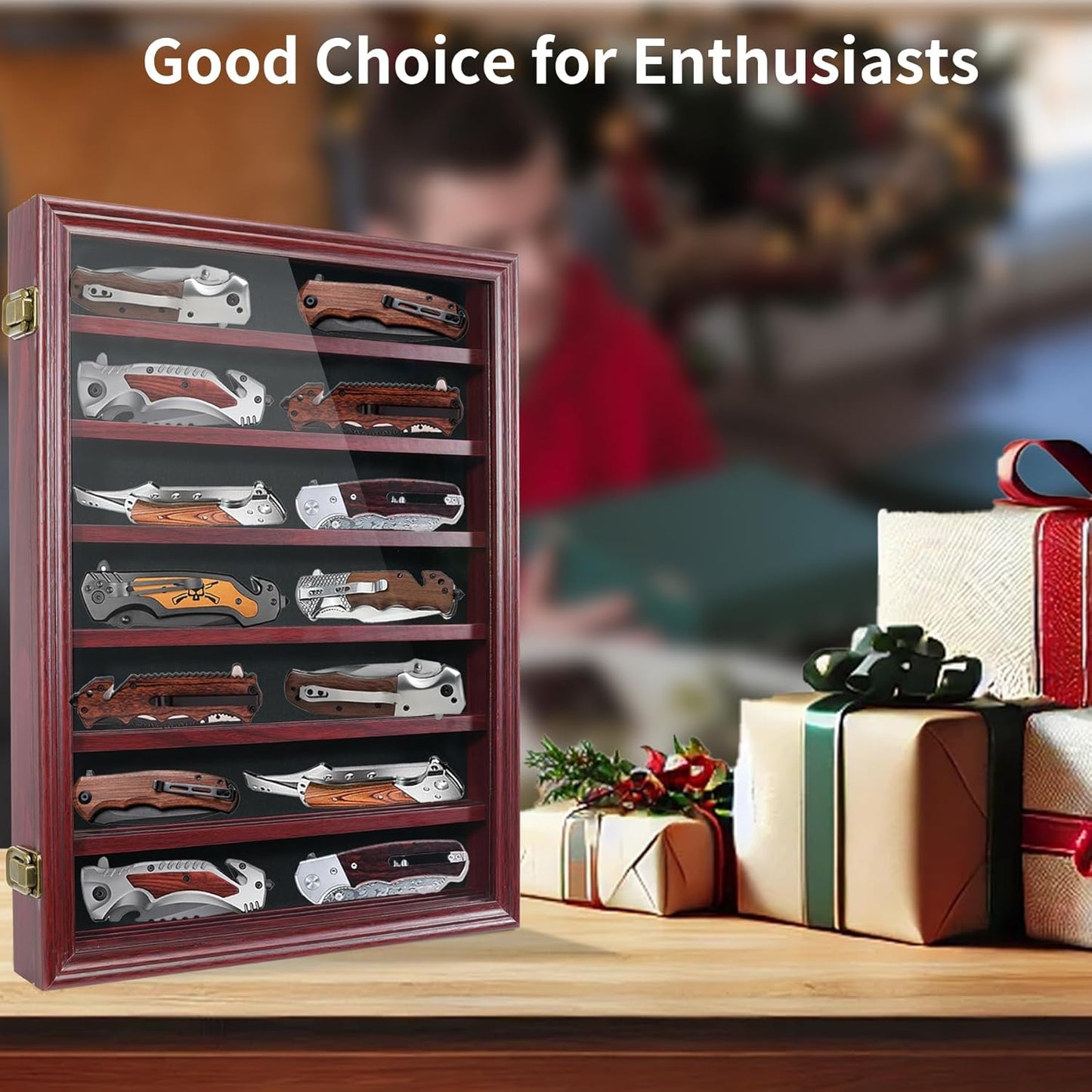Knife Display Case for Collections, Pocket Knife Display Case with HD Tempered Glass, Lockable Storage Cases with Removable Shelves, Wall-Mounted 7-Layer Wood Cabinet, Walnut