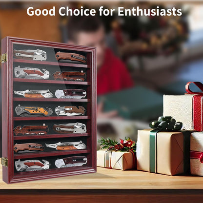 Knife Display Case for Collections, Pocket Knife Display Case with HD Tempered Glass, Lockable Storage Cases with Removable Shelves, Wall-Mounted 7-Layer Wood Cabinet, Walnut