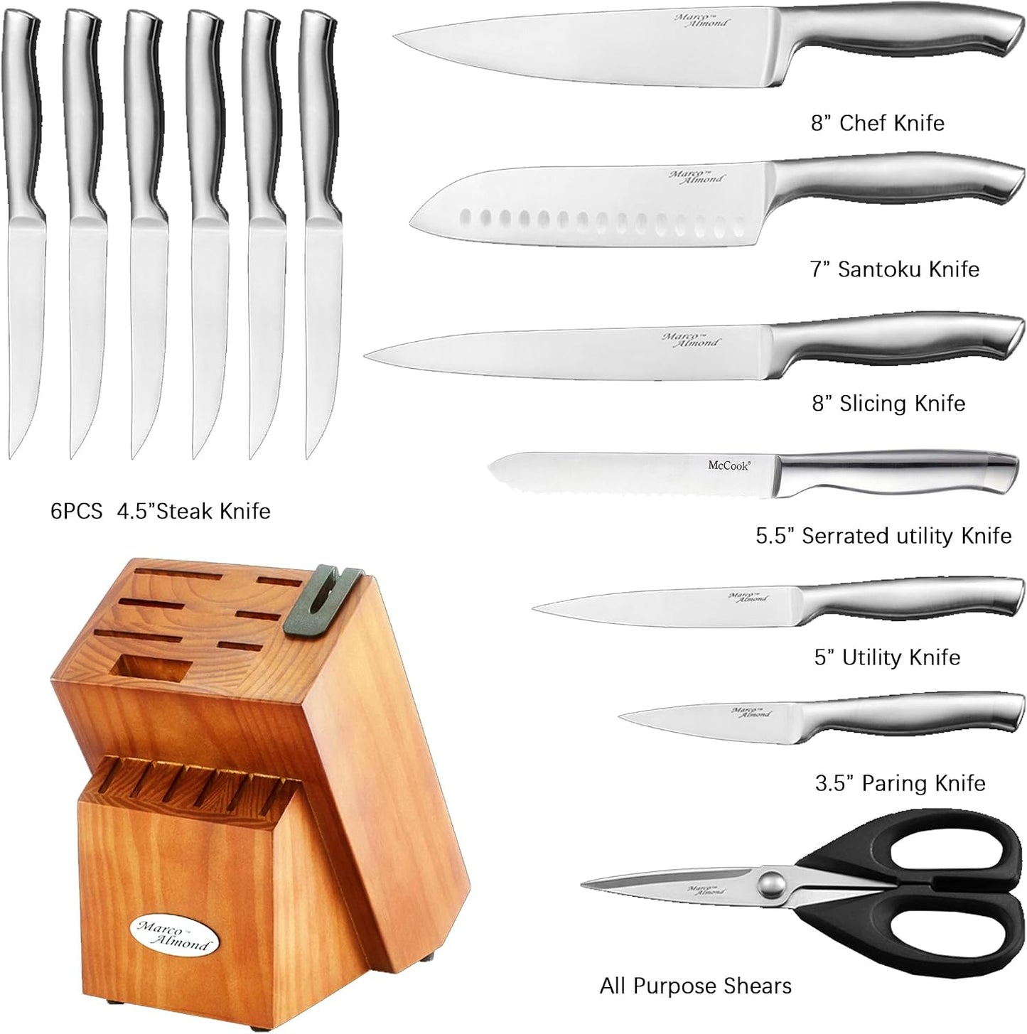® Knife Block Set, KYA26 Knife Set with Block, 14 Pieces Stainless Steel Chef Kitchen Knives with Built-in Sharpener