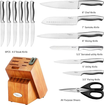® Knife Block Set, KYA26 Knife Set with Block, 14 Pieces Stainless Steel Chef Kitchen Knives with Built-in Sharpener