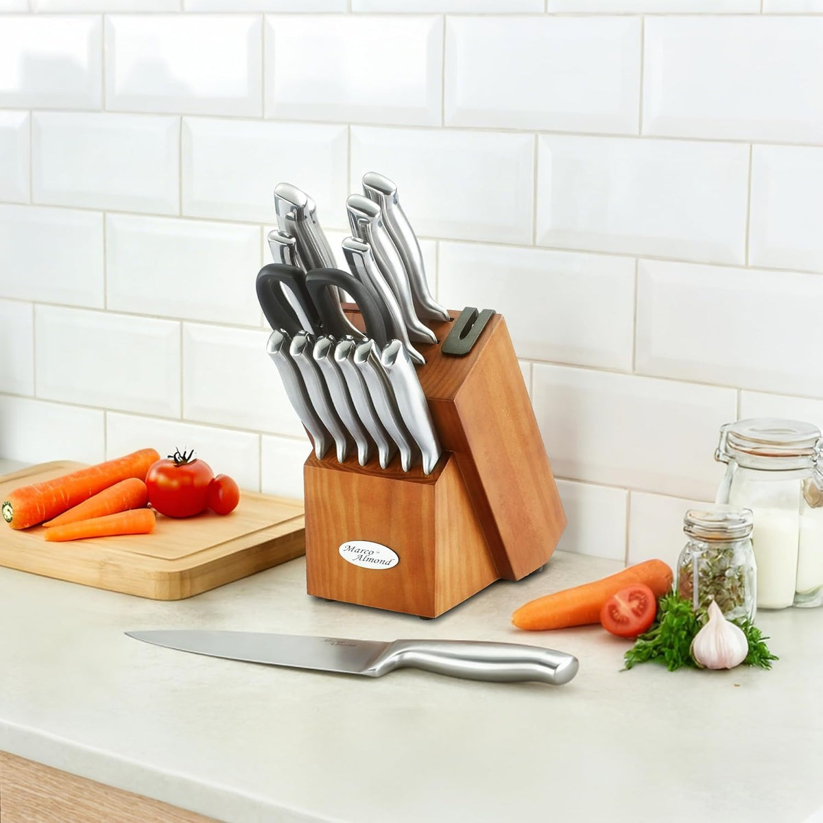 ® Knife Block Set, KYA26 Knife Set with Block, 14 Pieces Stainless Steel Chef Kitchen Knives with Built-in Sharpener