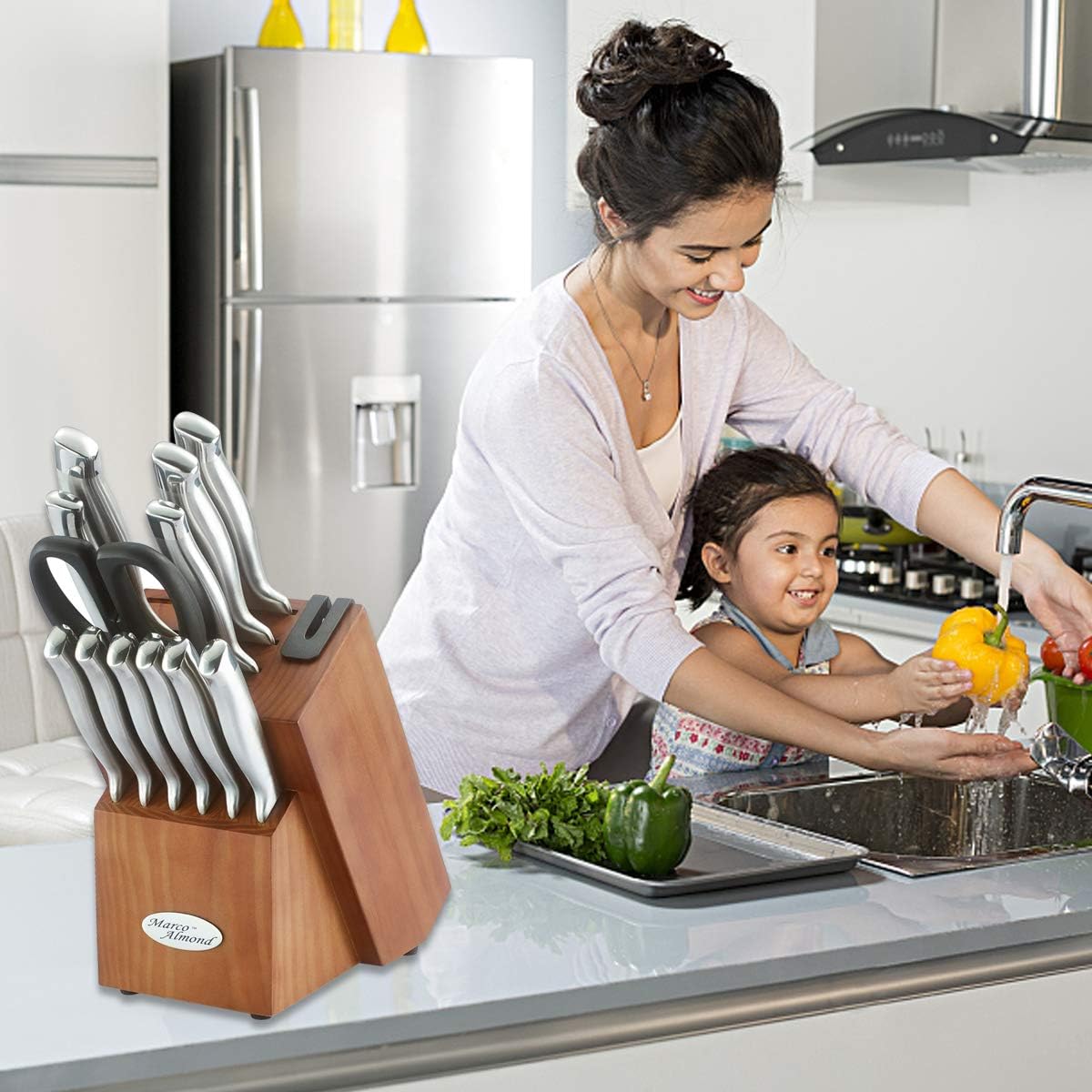 ® Knife Block Set, KYA26 Knife Set with Block, 14 Pieces Stainless Steel Chef Kitchen Knives with Built-in Sharpener