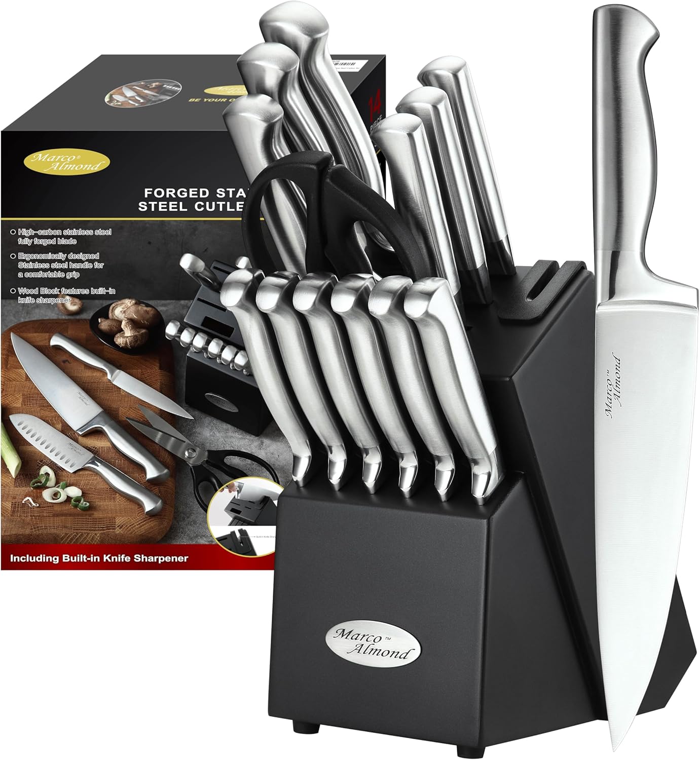 ® Knife Block Set, KYA26 Knife Set with Block, 14 Pieces Stainless Steel Chef Kitchen Knives with Built-in Sharpener