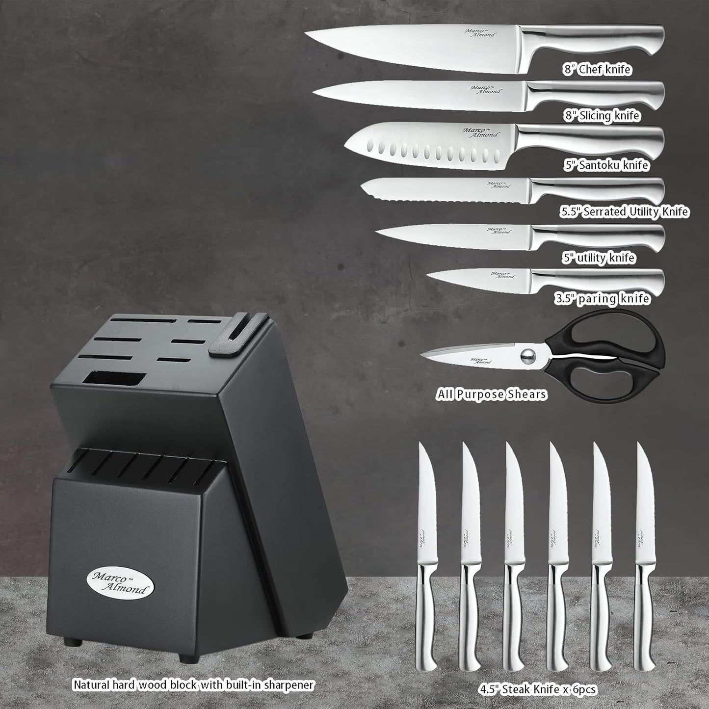 ® Knife Block Set, KYA26 Knife Set with Block, 14 Pieces Stainless Steel Chef Kitchen Knives with Built-in Sharpener
