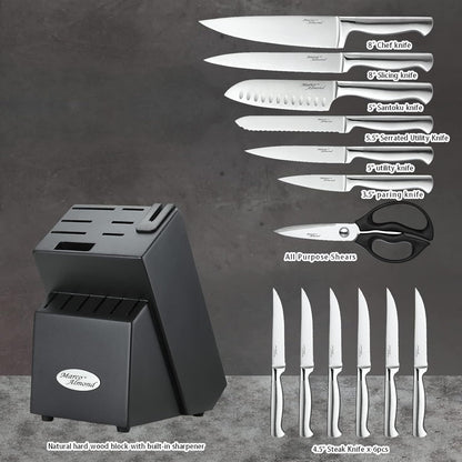 ® Knife Block Set, KYA26 Knife Set with Block, 14 Pieces Stainless Steel Chef Kitchen Knives with Built-in Sharpener