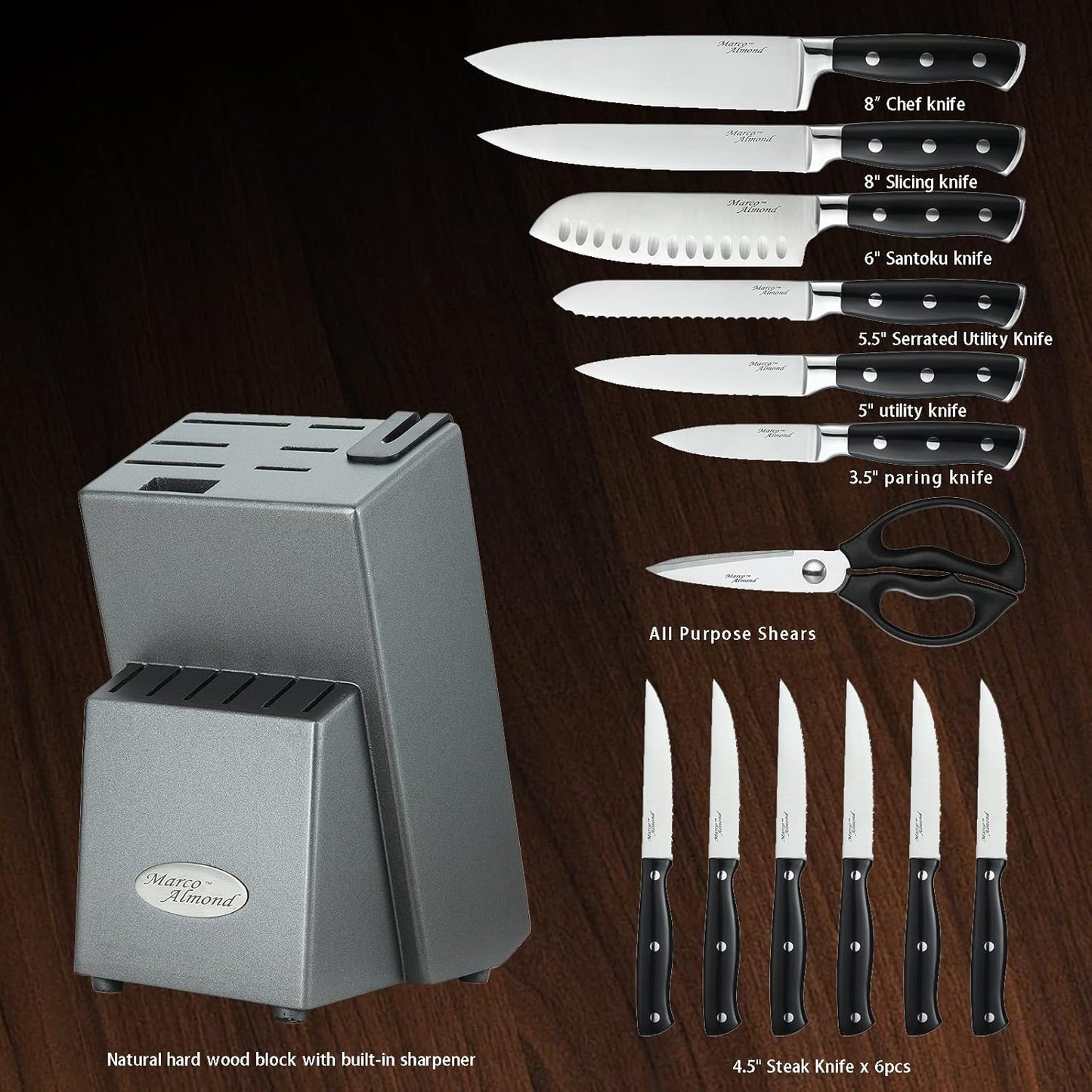 ® Knife Block Set, KYA26 Knife Set with Block, 14 Pieces Stainless Steel Chef Kitchen Knives with Built-in Sharpener