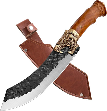 Butcher Knife Forged in Fire Knives Outdoor Camping Knife Curved Boning Knife with Sheath Filet Knife for Fishing Carbon Steel Meat Cleaver Knife for Kitchen BBQ Gift Collection