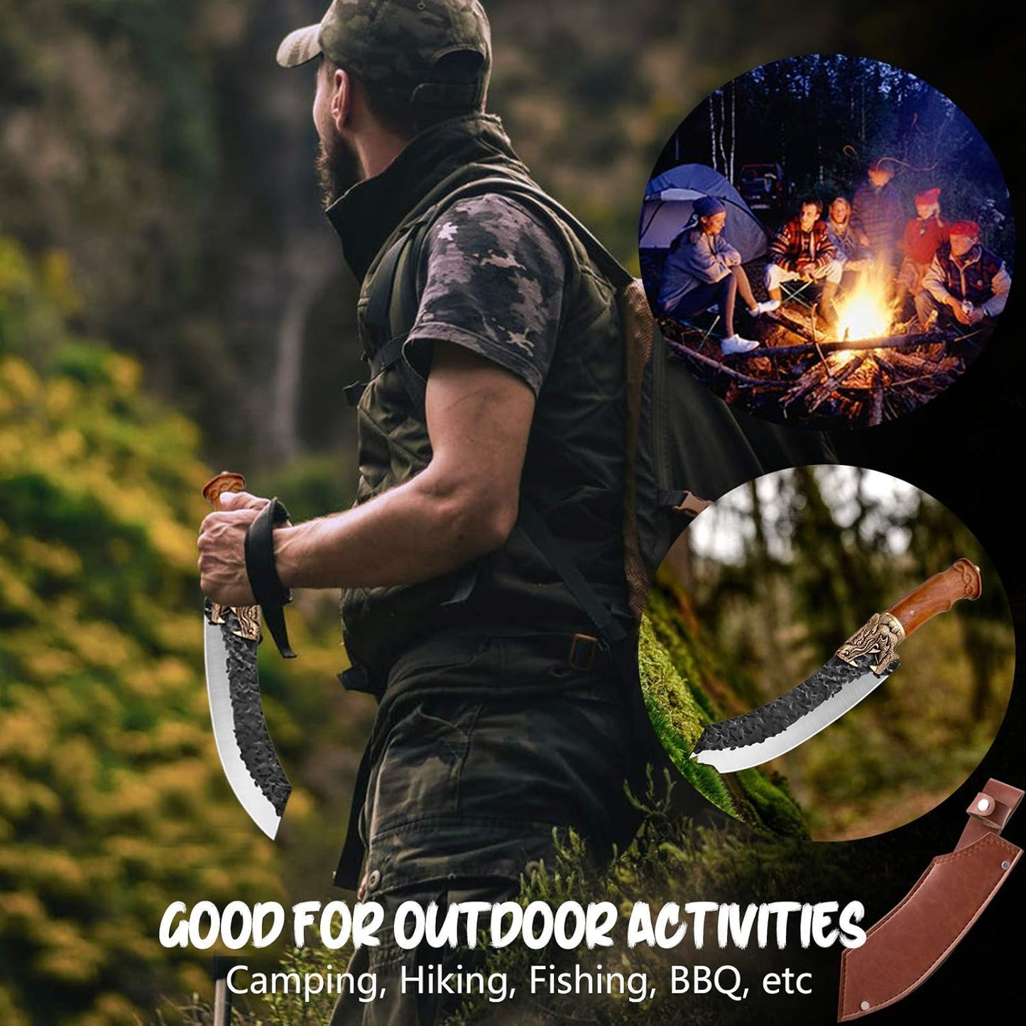 Butcher Knife Forged in Fire Knives Outdoor Camping Knife Curved Boning Knife with Sheath Filet Knife for Fishing Carbon Steel Meat Cleaver Knife for Kitchen BBQ Gift Collection