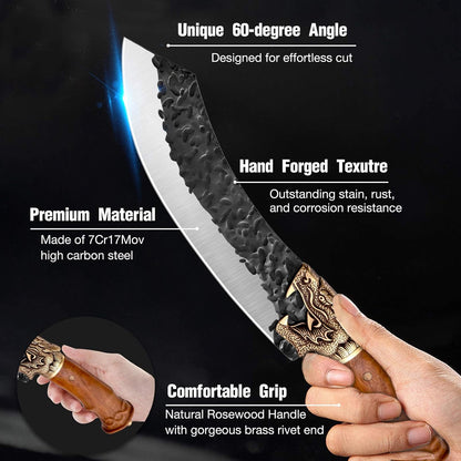 Butcher Knife Forged in Fire Knives Outdoor Camping Knife Curved Boning Knife with Sheath Filet Knife for Fishing Carbon Steel Meat Cleaver Knife for Kitchen BBQ Gift Collection