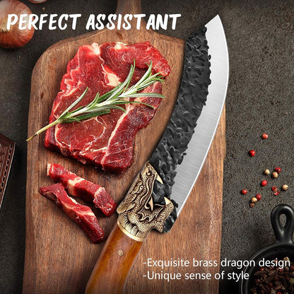 Butcher Knife Forged in Fire Knives Outdoor Camping Knife Curved Boning Knife with Sheath Filet Knife for Fishing Carbon Steel Meat Cleaver Knife for Kitchen BBQ Gift Collection