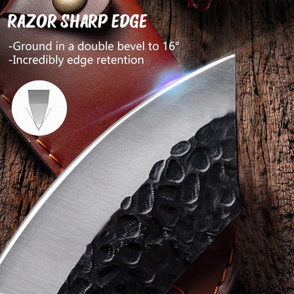 Butcher Knife Forged in Fire Knives Outdoor Camping Knife Curved Boning Knife with Sheath Filet Knife for Fishing Carbon Steel Meat Cleaver Knife for Kitchen BBQ Gift Collection