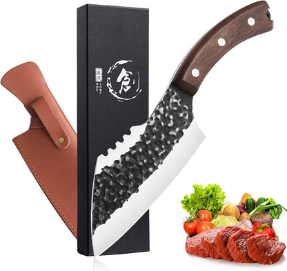 Butcher Knife Forged in Fire Knives Outdoor Camping Knife Curved Boning Knife with Sheath Filet Knife for Fishing Carbon Steel Meat Cleaver Knife for Kitchen BBQ Gift Collection
