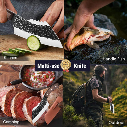 Butcher Knife Forged in Fire Knives Outdoor Camping Knife Curved Boning Knife with Sheath Filet Knife for Fishing Carbon Steel Meat Cleaver Knife for Kitchen BBQ Gift Collection
