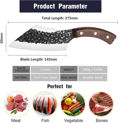 Butcher Knife Forged in Fire Knives Outdoor Camping Knife Curved Boning Knife with Sheath Filet Knife for Fishing Carbon Steel Meat Cleaver Knife for Kitchen BBQ Gift Collection