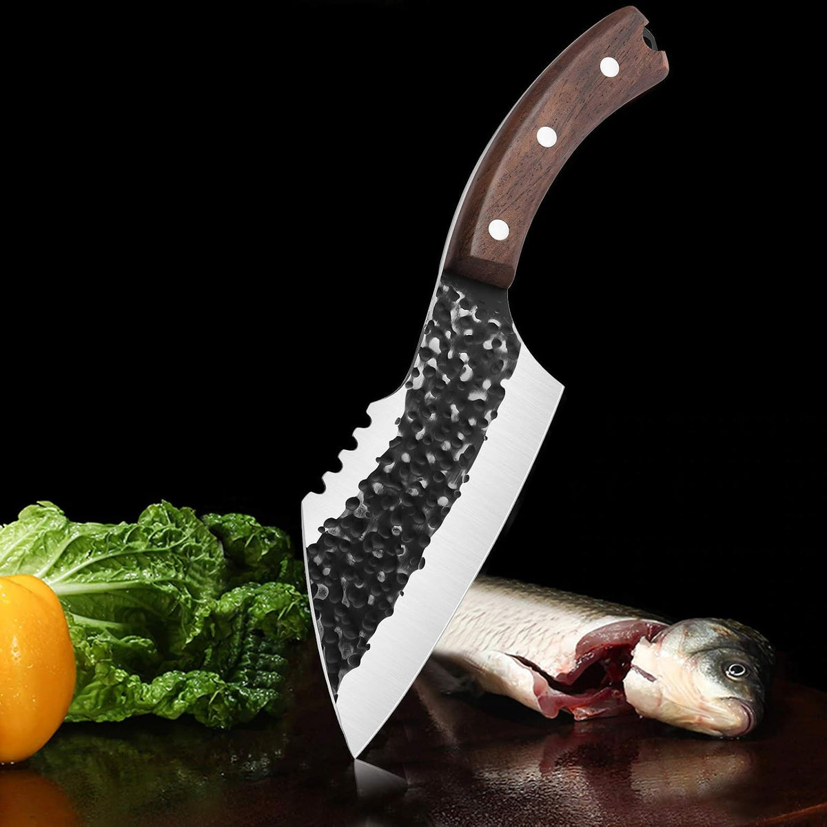 Butcher Knife Forged in Fire Knives Outdoor Camping Knife Curved Boning Knife with Sheath Filet Knife for Fishing Carbon Steel Meat Cleaver Knife for Kitchen BBQ Gift Collection