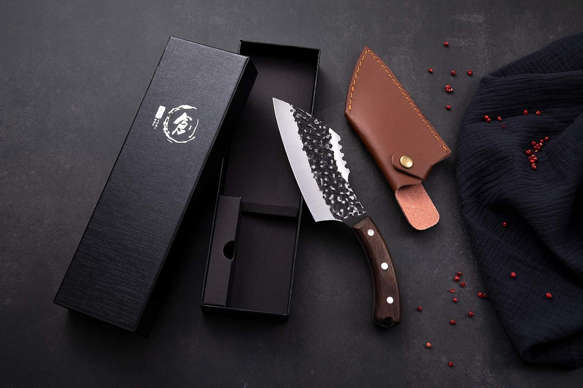 Butcher Knife Forged in Fire Knives Outdoor Camping Knife Curved Boning Knife with Sheath Filet Knife for Fishing Carbon Steel Meat Cleaver Knife for Kitchen BBQ Gift Collection