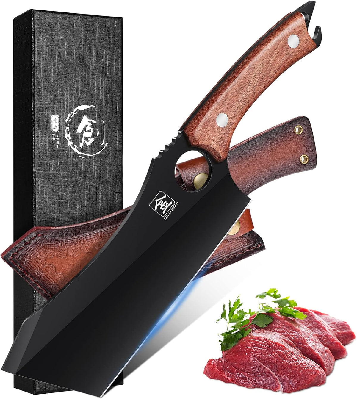 Butcher Knife Forged in Fire Knives Outdoor Camping Knife Curved Boning Knife with Sheath Filet Knife for Fishing Carbon Steel Meat Cleaver Knife for Kitchen BBQ Gift Collection
