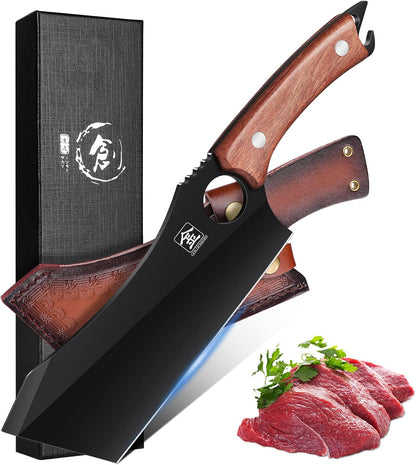 Butcher Knife Forged in Fire Knives Outdoor Camping Knife Curved Boning Knife with Sheath Filet Knife for Fishing Carbon Steel Meat Cleaver Knife for Kitchen BBQ Gift Collection