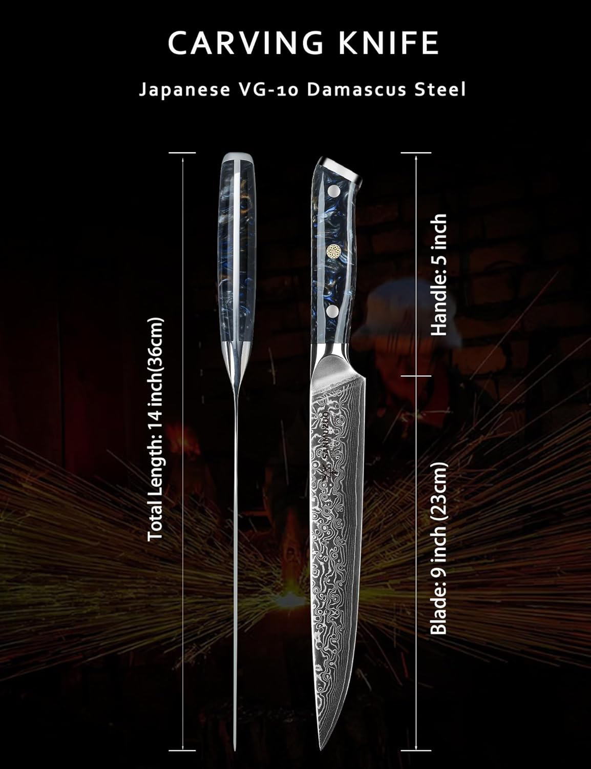 Carving Knife - 9 inch Kitchen Meat Cutting Slicing Knife- Xuan Series - VG10 Damascus Steel with Resin Handle (Starry Black)