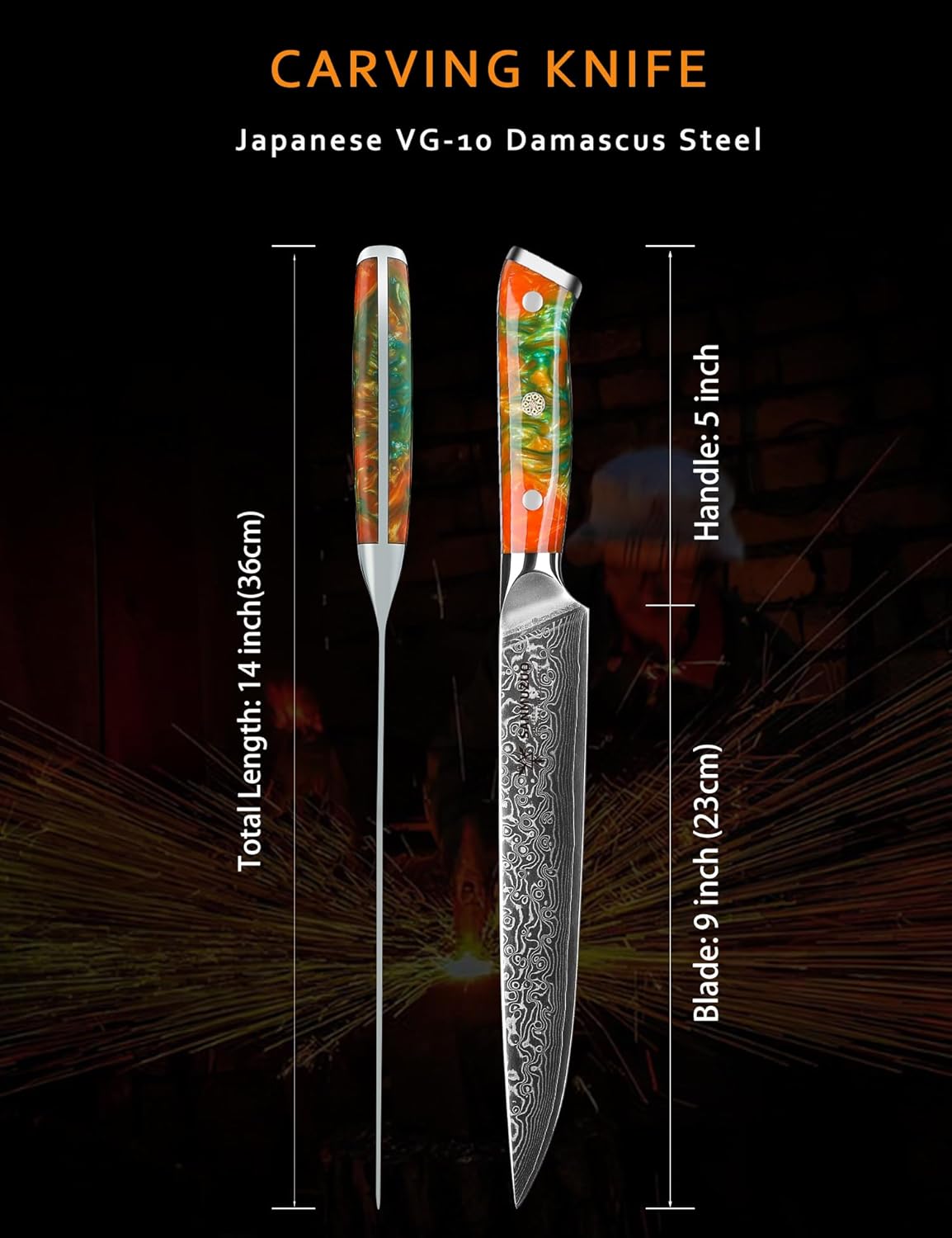Carving Knife - 9 inch Kitchen Meat Cutting Slicing Knife- Xuan Series - VG10 Damascus Steel with Resin Handle (Starry Black)