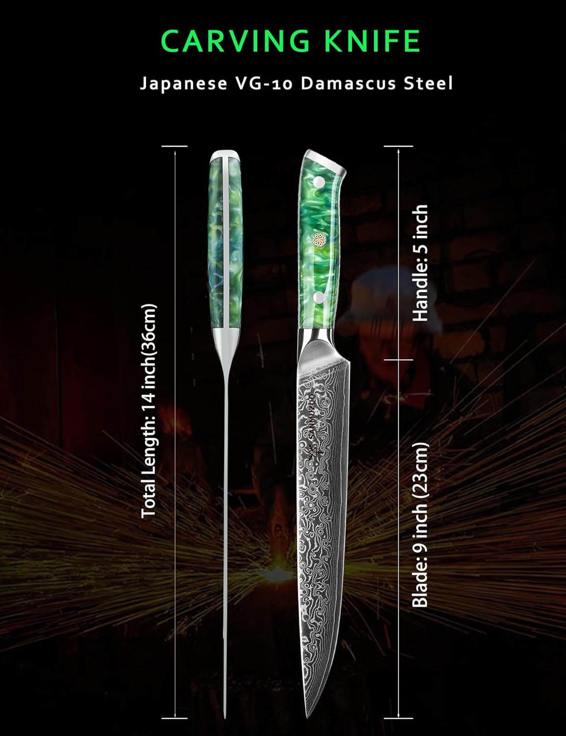 Carving Knife - 9 inch Kitchen Meat Cutting Slicing Knife- Xuan Series - VG10 Damascus Steel with Resin Handle (Starry Black)