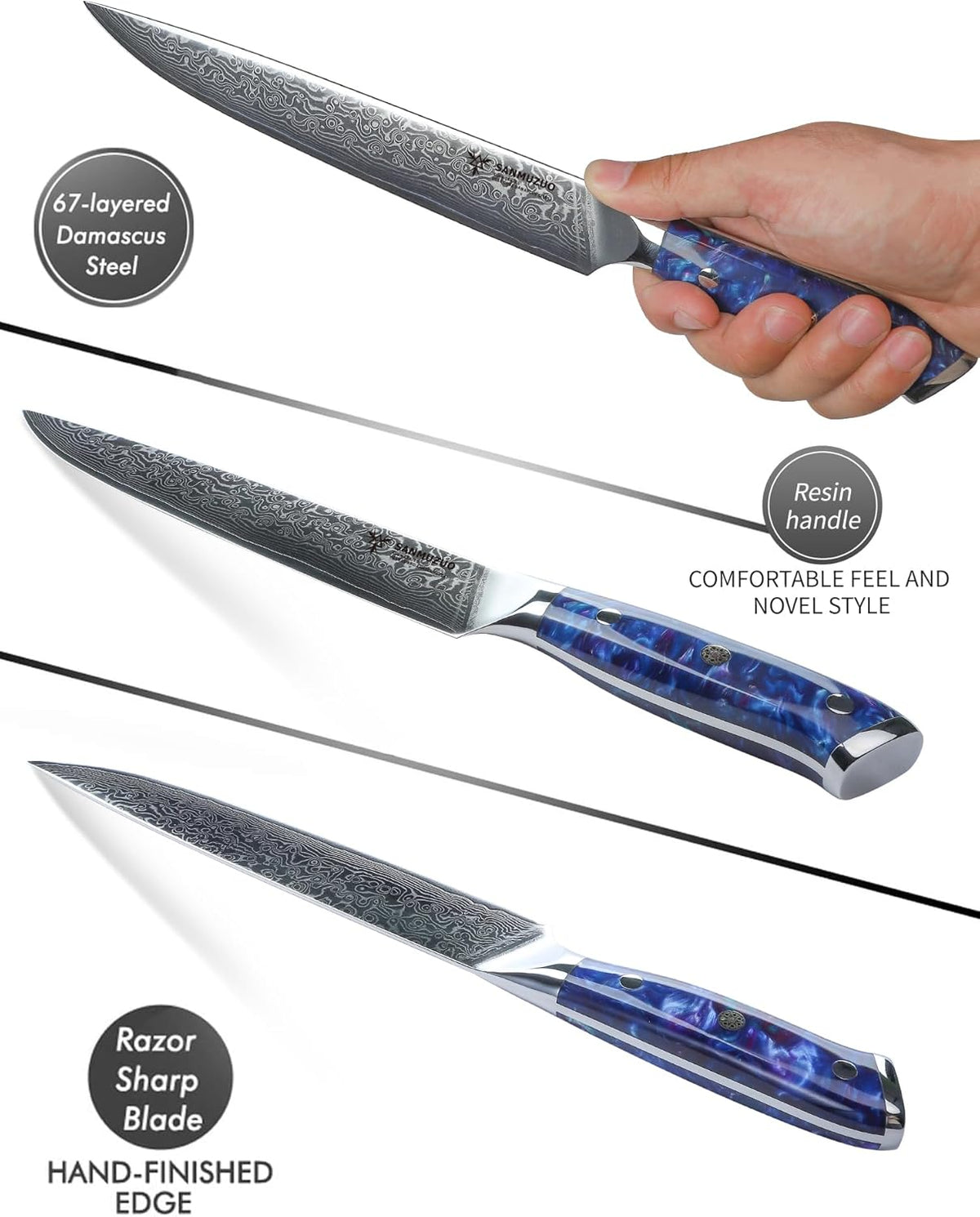Carving Knife - 9 inch Kitchen Meat Cutting Slicing Knife- Xuan Series - VG10 Damascus Steel with Resin Handle (Starry Black)
